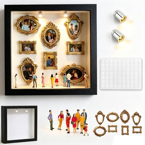 Mini Museum Silhouette Shadow Box Frame DIY Memory Display Photo Craft Kit with LED String Lights Mini Gold Frames & Figurines Keepsake Box for Wedding Anniversary Family Milestone Gift (Black)