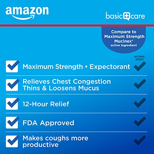 Image of Amazon Basic Care Maximum Strength Chest Congestion and Mucus Relief, Guaifenesin Extended-Release Tablets, 1200 mg, 42 Count