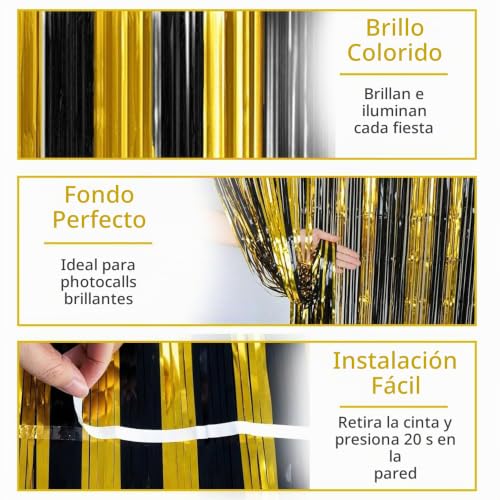 Miniatura 5 de Jonami 2 Cortinas Metálicas Oro Negro, Cortina De Lámina, Oropel Franjas Decoración Fondo Para Fiesta De Cumpleaños Bodas