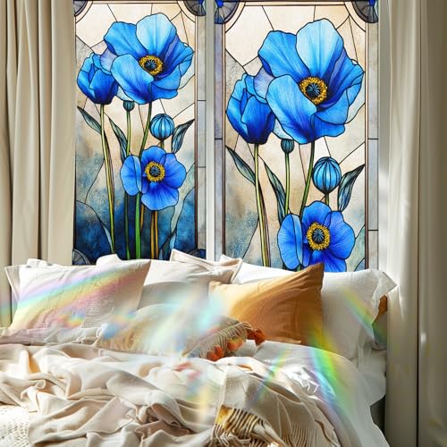 Image of Nuxovilar Gothic Rainbow Blue Flowers Window Film 17.5x39.3 in PVC