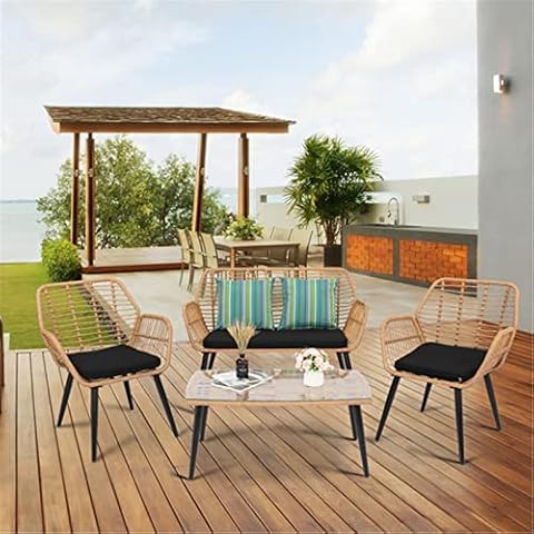 Rattan Bistro Set - 4 Pieces Patio Balcony Bistro Set, Patio Furniture Lounge Outdoor Table Chairs Garden Furniture Wicker Cushion Glass Plate Cover