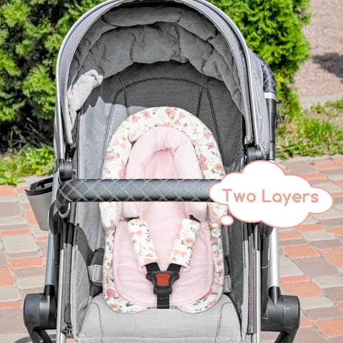 Image of GFU Baby Car Seat Head Support for Newborn, 2 in 1 Infant Car Seat Head Body Support with Strap Pads, Soft Stroller Cushion Pillow Insert for Girls, Fits for Stroller, Swing, Pink Floral