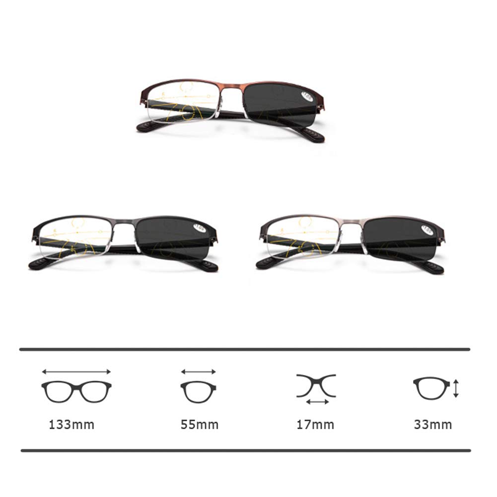 Herren-Lesebrille Classic mit ultraleichtem Halbrand-Metallrahmen, photochromen Brillen, multifokalen Dioptrien-Gleitsichtgläsern, Sonnenbrillen für den Innen- und Außenbereich, Comfort Readers