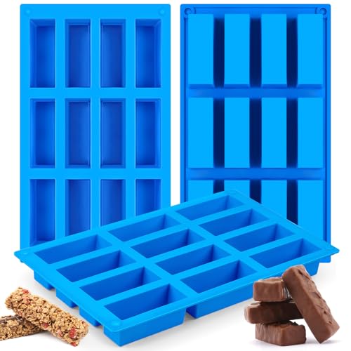 CLUEWR Pack of 3 silicone moulds, rectangular, 12 cavities, energy bars, baking mould, cereal bar, silicone mould, rectangular baking mould for bread bread, cornbread, cheesecake, muffin, brownies and