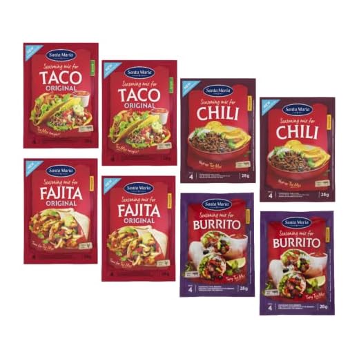 Santa Maria - 8 kitoweo Mix Bahasha: 2 x Taco (8 sehemu) + 2 x Chili (8 sehemu) + 2 x Fajita (8 sehemu) + 2 x Burrito (8 Huduma) - Jumla 32 sehemu (224 gramu)
