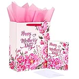 LeZakaa Mother's Day Gift Bag, Happy Mother's Day Lettering, Pink Floral, Butterfly & Pink Foil Design, 13' Gift Bag with Tissue Paper, Gift Tag & Card, Mothers Day Gifts Treat Bags Party Supplies