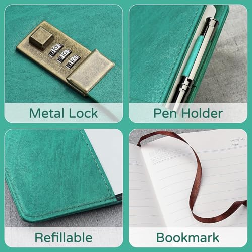Image of Diary with Lock, A5 PU Leather Journal with lock, 240 Pages, Vintage Lock Journal with Pen & Gift Box, Lockable Diary for Women and Men, 8.6 x 5.8 Inches (Green)