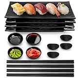 ELFULLY 16 Pcs Sushi Plate Set, Melamine Sushi Serving Dishes, Japanese Dinnerware Sets with 4 Sushi Trays, 4 Soy Sauce Bowls 4 Pairs of Chopsticks and Holders, Wedding Housewarming Gift, Black