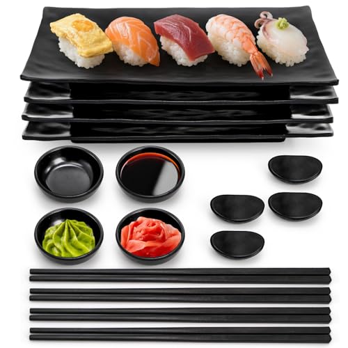 ELFULLY 16 Pcs Sushi Plate Set Plastic Sushi Serving Dish Melamine Japanese Dinnerware Sets with 4 Sushi Trays 4 Soy Sauce Bowls 4 Pairs of Chopsticks and Holders Wedding Housewarming Gift Black