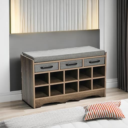 Miniatura 5 de Household Essentials Banco de zapatos de entrada con 10 cubículos, acabado de madera de fresno