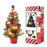 ESHOO 18 Inch Small Christmas Tree with Led Lights,Mini Desktop Decoration Xmas Tree with Lights, balls,Ornaments (Red)