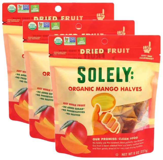 SOLELY Organic Dried Mango Halves, Large | One Ingredient | Vegan | Non-GMO | No Added Sugar (Pack of 3)