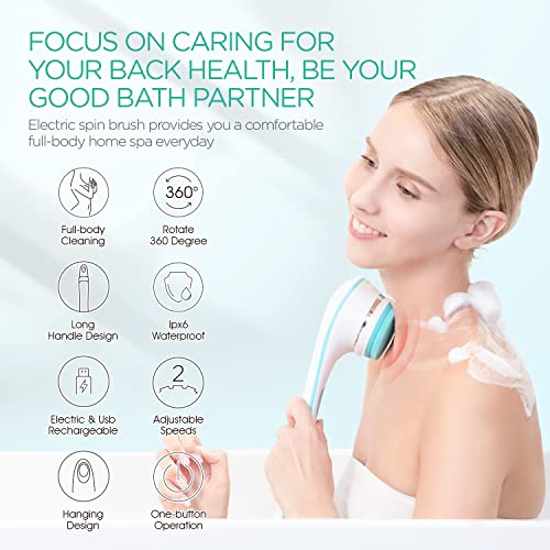 VOYOR Electric Body Brush Back Scrubber Body Exfoliator Shower Brush with Long Handle Rechargeable Usb Charging Deep Cleansing Set Exfoliating Scrubber Soft Silicone Waterproof Bath Brush BC100 (Blue) - Image 2