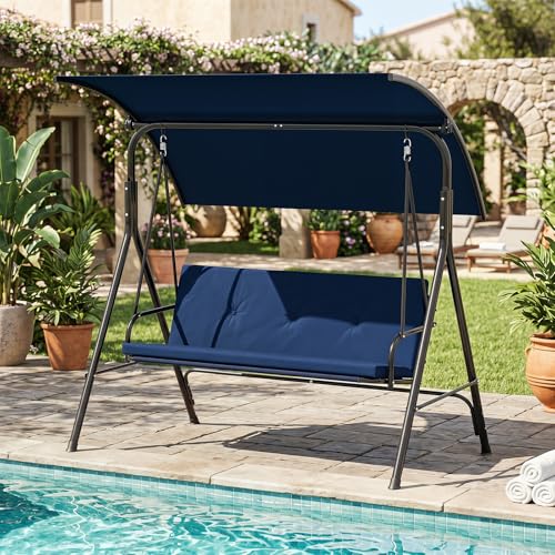 Image of Tangkula 2 Person Porch Swing, Outdoor Swing with Removable Cushions, Solid Metal Structure, Patio Swing with Adjustable Canopy for Garden, Backyard, Balcony, Poolside