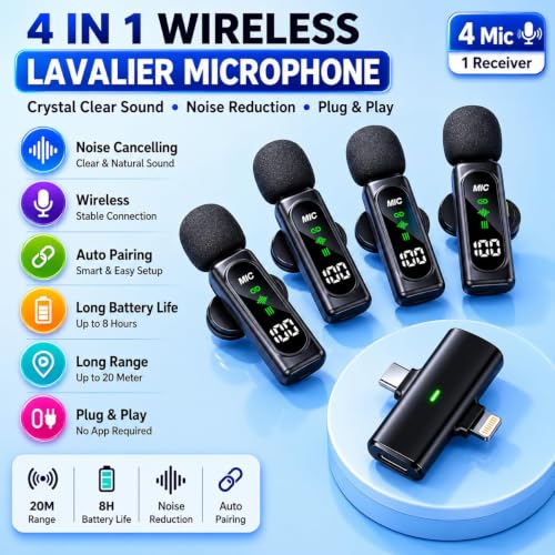 Image of T90 Wireless Lavalier Microphone 1-to-4 (4 Mic) 2.4G Compatible with iPhone Android Type-C | Noise Cancelling | Reverb Sound | Long Battery | Vlog Interview Live Stream Recording