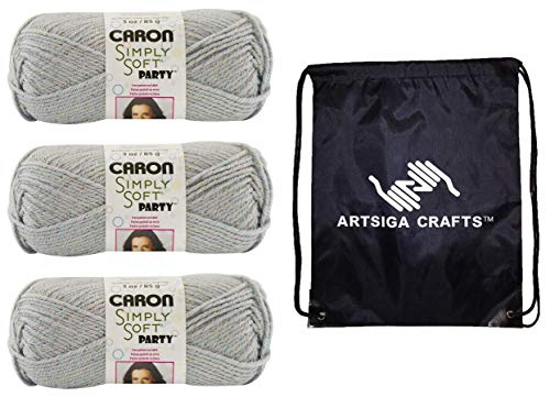 Caron Knitting Yarn Simply Soft Party Silver Sparkle 3-Skein Factory Pack (Same Dyelot) H97PAR-8 Bundle with 1 Artsiga Crafts Project Bag