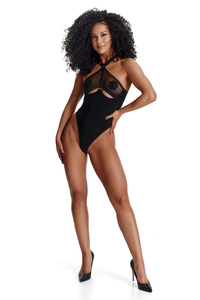 Demoniq Schwarzer Frauen Dessous String Body Blickdicht aus Netzstoff, Gummibänder und transparenter Spitze elastisch