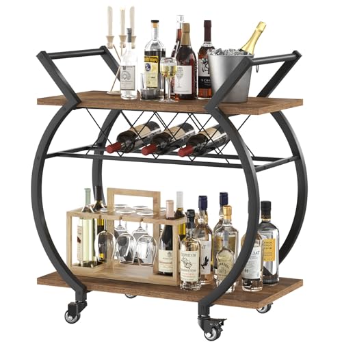 LVB Carrito Bar marrón, Carrito para Bebidas con Ruedas, Estructura de Madera y Metal, Estante de Almacenamiento, Ideal para Cocina o salón, Estilo rústico