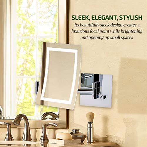 Image of OVENTE 7 inch Wall Mounted Lighted Makeup Mirror, Polished Chrome MSWA6387CH7X | Rectangular Bathroom Mirror with 7X Magnification, Dimmable White LED Lights, Extendable Folding Arm, AC Adapter Operated