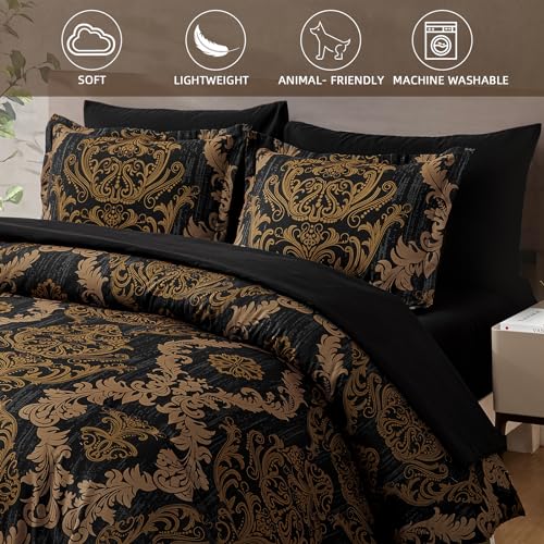 WONGS BEDDING Black Comforter Set Queen Size, Gold Damask Texture 7 Pieces Bed in a Bag Microfiber Comforter Bedding Sets -1 Comforter, 1 Flat Sheet, 1 Fitted Sheet, 2 Pillow Shams, 2 Pillowcases by WONGS BEDDING - Image 5