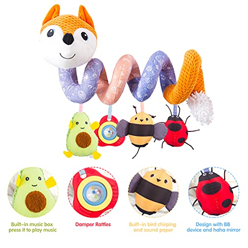 Hilenbo Car Seat Toys, Infant Baby Orange Fox Spiral Plush Activity Hanging Toys For Car Seat Stroller Bar Crib Bassinet Mobile With Music Box Bb Squeaker And Rattles（Orange） #TOP1