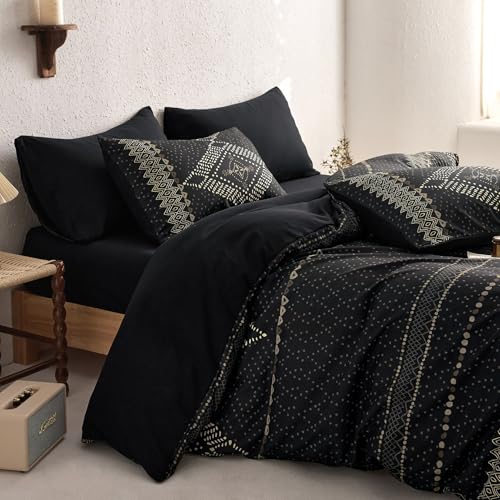 Image of Wake In Cloud - Boho Comforter Set, Farmhouse Bohemian Western Aztec Neutral Aesthetic, Soft Lightweight Bedding, 3 Pieces, Charcoal Black, King Size
