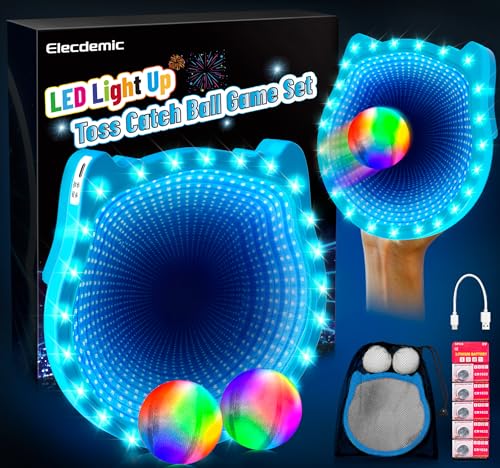 Elecdemic 3D LED Light Up Toss Catch Ball Game Set Fidget Toys Baseball Gifts Outdoor Outside Backyard Party Glow in the Dark Sticky Paddle Mitt Age 5 6 7 8 9 10 11 12 Year Old Boy Girl Kids Adult