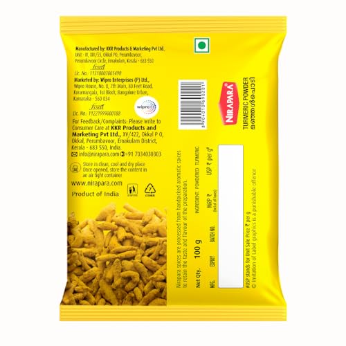 Image of Nirapara Turmeric Powder for Incredible Taste and Flavour| Perfectly Grounded for Rich Texture & Aroma| No Added Flavours & Colours| Hygienically Packed| 100g x 5 | 500 gms