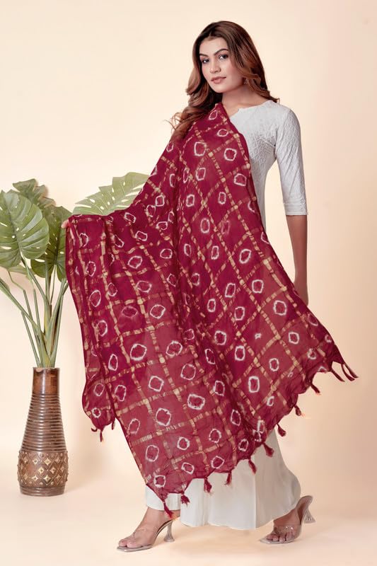 Image of Women Bandhani Dupatta | Traditional Chunri Print with Decorative Border | Lightweight Ethnic Stole for Festive and Wedding Wear
