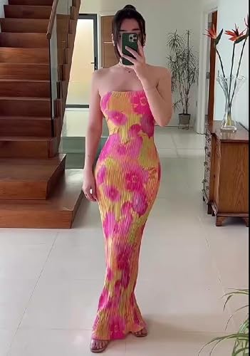 KMBANGI Womens Pleated Tube Maxi Dress Sleeveless Sexy Off Shoulder Strapless Long Dress Tie Up Backless Party Dress(Pink,S)