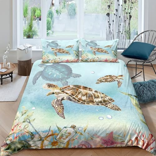 Housse de couette tortues marines 3D en microfibre premium ultra douce pour lit double