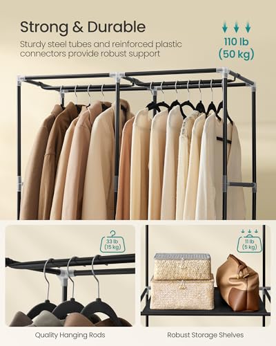 SONGMICS Portable Closet, Wardrobe Closet Organizer with Cover, 2 Hanging Rods and Shelves, 4 Side Pockets, 33.9 x 17.7 x 65.7 Inches, Large Capacity for Bedroom, Living Room, Ink Black URYG091B01