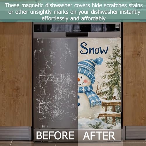 Image of Dishwasher Magnets Decorative Cover,Christmas Snowman Refrigerator Magnet Cover,Washable Winter Blue Bird Dishwasher Front Panel Cover Home Kitchen Decoration 23x26 Inch