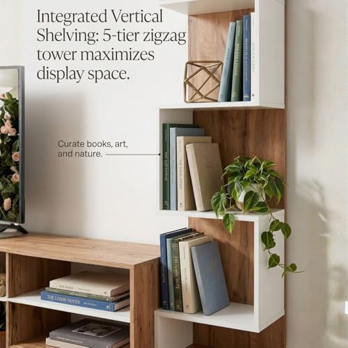 Image of FFO Modern TV Unit with Storage & Display Shelves | Wooden Entertainment Center with Drawer & Open Rack | Industrial Metal Legs TV Stand for Living Room (Coach Wood. & White Finish) DIY.