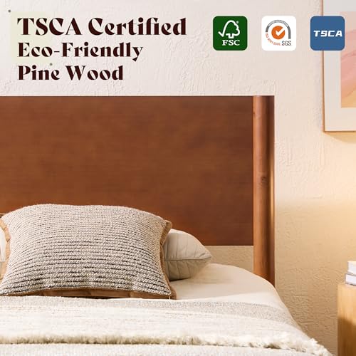 Image of AMERLIFE Solid Wood Twin Bed Frame, Mid Century Bed with Headboard, Brown
