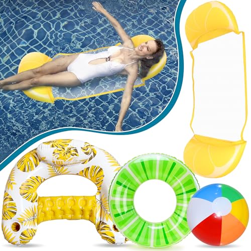 Lubibi Inflatable Pool Float Set with Water Hammock, Float Pool Chair, Fruit Swimming Ring, Beach Ball, Swimming Pool Inflatables for Kids Adults, Family, Summer Pool Party