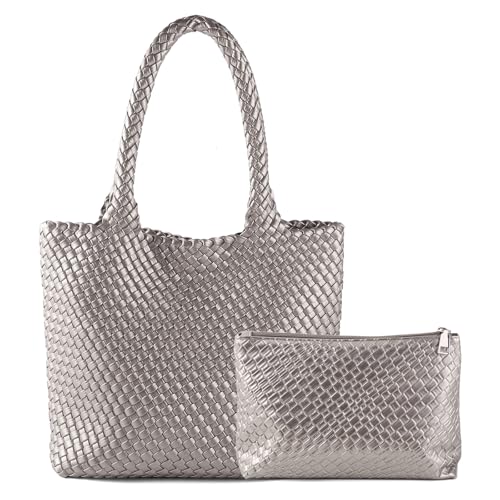 Image of Hand Woven Bag Tote BagS For Women Top Handle Shoulder Vegan Leather Large Travel Beach Hobo Handbag