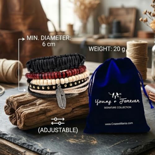 Image of Young & Forever Multi-Layer Leather Bracelet for Men | Adjustable Handmade Wrap Bracelet with Beads, Anchor, Evil Eye, Feather & Boho Charms | Vintage Punk Casual Wristband Gift for Men & Boys