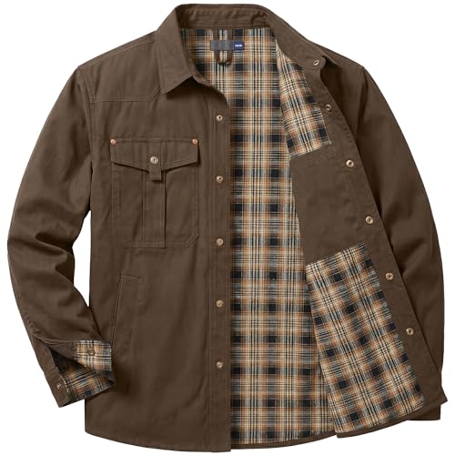 Men's Long Sleeved Snap Plaid Western Cowboy Flannel Lined Shirt Jacket Lightweight Shacket Brown