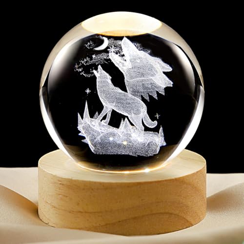 Image of 3D Wolf Crystal Ball Lamp with Dimmable LED and Wooden Base, Night Light for Kids Teens Adults, Home Desk Office Bedroom Decor, Birthday Gift (2.4 inch / 6cm)
