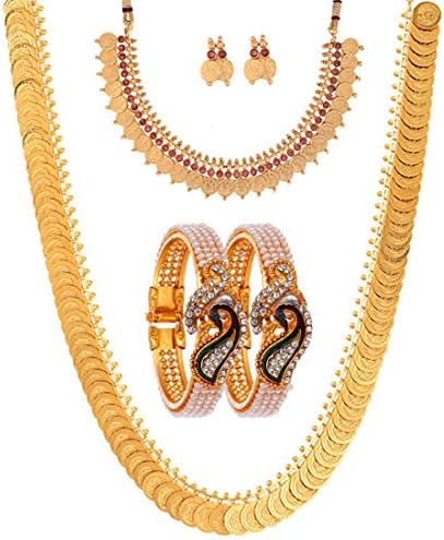 ZENEME Jewellery Set Gold Plated Pearl Studded Bangles Jewelry, Long Maharani Temple Coin Necklace, Short Red Green Necklace Set With Earring Jewellery For Women and Girl
