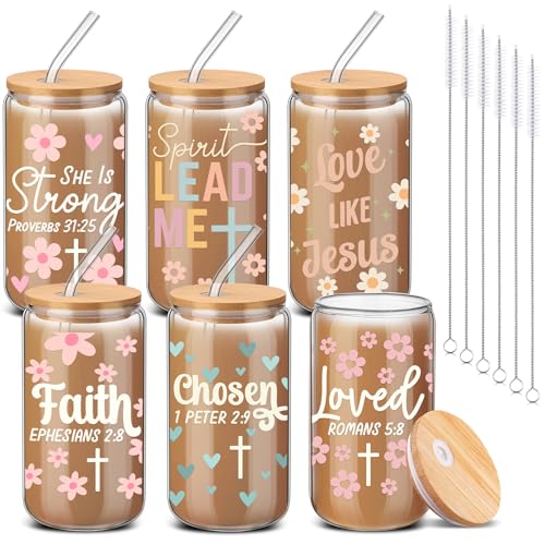 RimCereal 6 Set Christian Glass Cups with Lids and Straw Bible Verse 16 oz