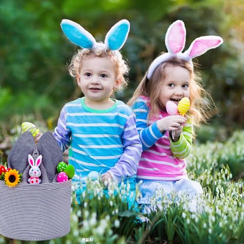 Image of Easter Basket Seersucker Egg Hunt Bunny Baskets for Kids with Cute Rabbit Ears Stripe Storage Gifts Candies Personalized Easter Party Gifts