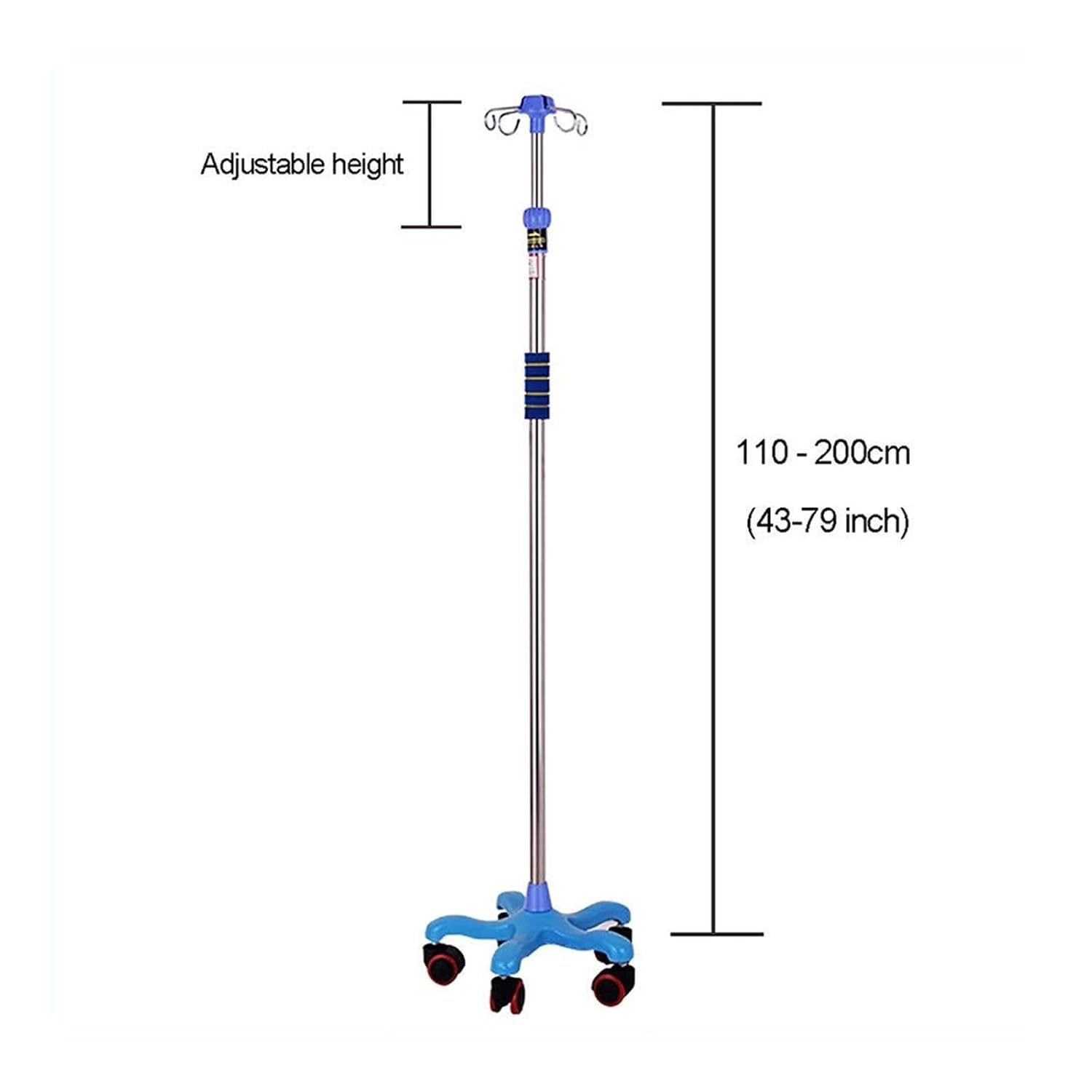 Stainless Steel IV Pole with Wheels, Adjustable Rolling IV Stand 43" to 79" - Heavy Duty 5-Leg Base & 4 Hooks for Hospital, Clinic and Home Care