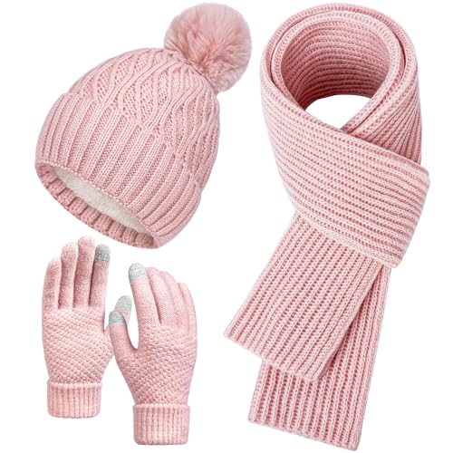 Winter Knit Beanie Hat Scarf Gloves Set for Women, Fleece Lined Hat Long Scarf Neck Touchscreen Gloves Warmer Set