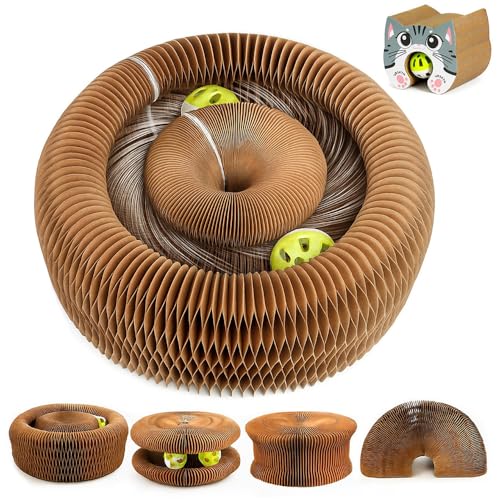 FLEXARO Kitty Kurlz Cat Scratcher Toy – Foldable Accordion Toy with Bell Ball | Durable Corrugated Cardboard Ring for Cat Exercise, Scratching & Interactive Play | for All Cat Breeds