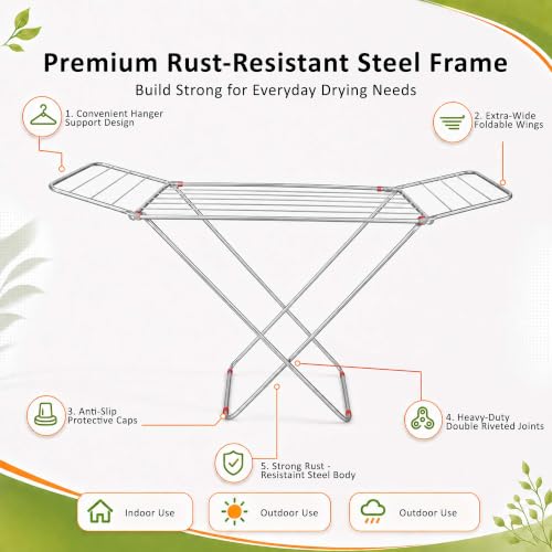 Image of Premium Steel Clothes Drying Stand | Foldable Cloth Dryer Stand, 3-Way Folding Design, Space-Saving Flat Folding Laundry Drying Rack for Indoor & Outdoor(Cross Design - 120 x 54 cm)- Silver