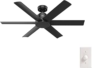 Hunter 52 inch Outdoor or Indoor Ceiling Fan No Light - Black Ceiling Fan without Light, For Patio, Porch, Garage, or Living Room, Standard Mount, 6 Blades, Wall Control - Kennicott 51180, Matte Black