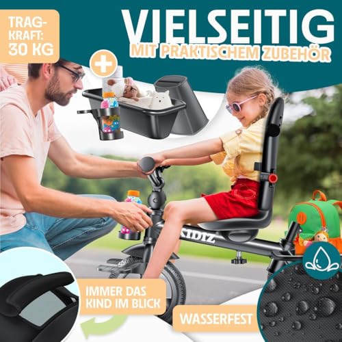 KIDIZ® Dreirad 6in1 Kinderdreirad mit Schubstange Lenkbar ab 9 Monaten bis 25Kg Jogger vorwärts & Rückwärtsfahrt, Korb Tasche Getränkehalter Sonnendach Gummiräder Buggy Fahrrad Baby Klappbar Schwarz