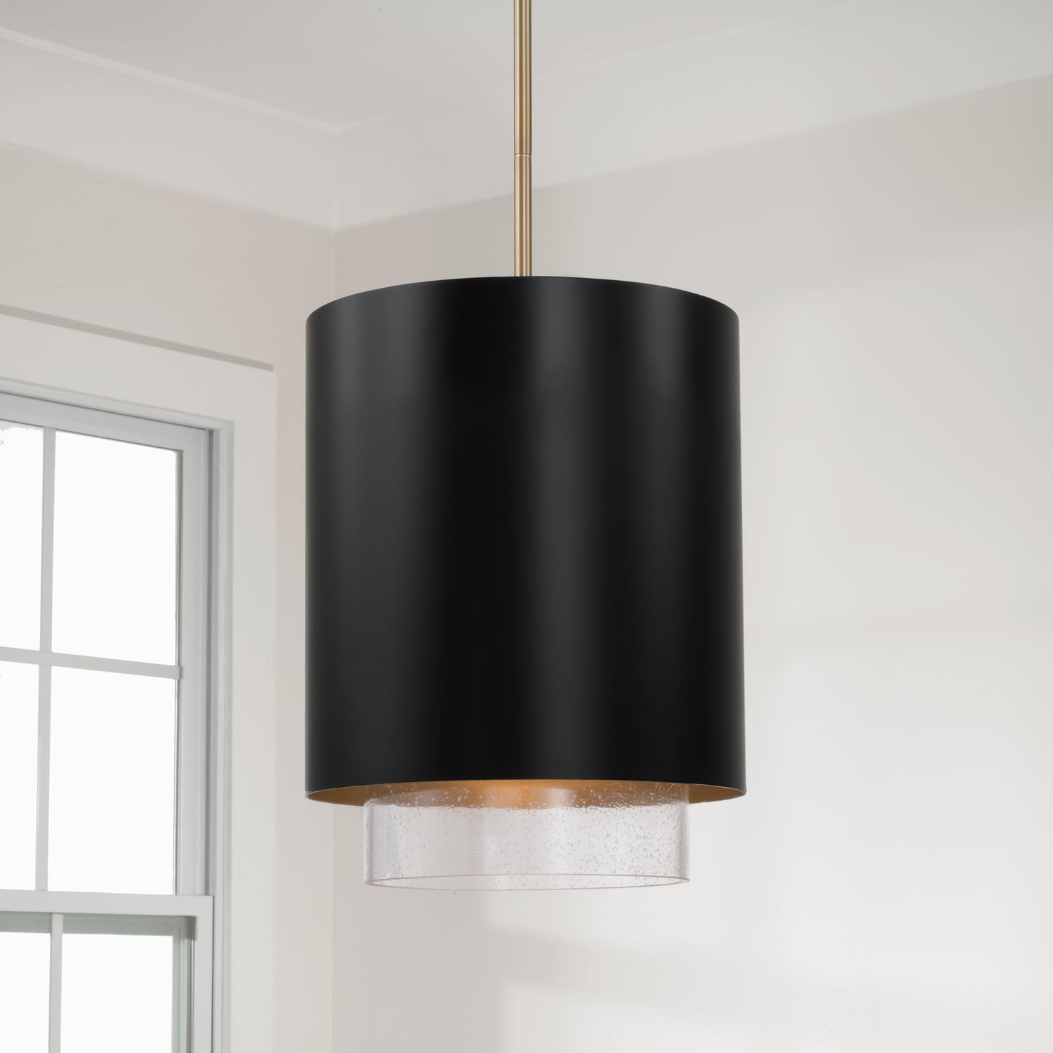 Capital Lighting 353011RK Weller Modern Clear Seeded Glass Metal Shade with Brass Interior Cylindrical Pendant, 1-Light 100 Watt, 20" H x 12" W, Matte Brass and Black